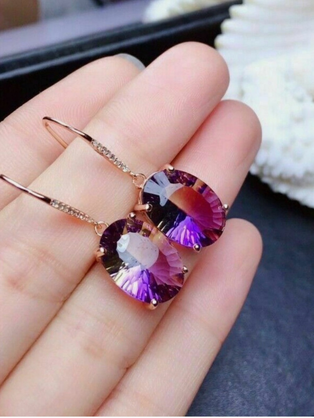 Rose Gold Drop Earrings with Purple Gradient Crystals
